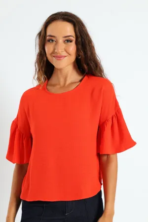 Oversized Frill Sleeve Boxy Top - Bright Orange