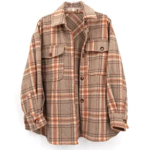 Oversized Plaid Flannel Shacket Tan Orange Wool‎ Blend Size Medium/Large