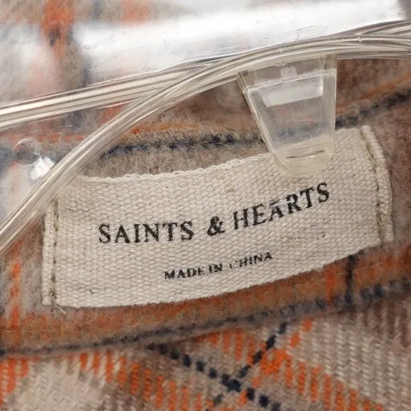 Oversized Plaid Flannel Shacket Tan Orange Wool‎ Blend Size Medium/Large