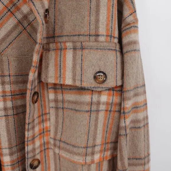 Oversized Plaid Flannel Shacket Tan Orange Wool‎ Blend Size Medium/Large
