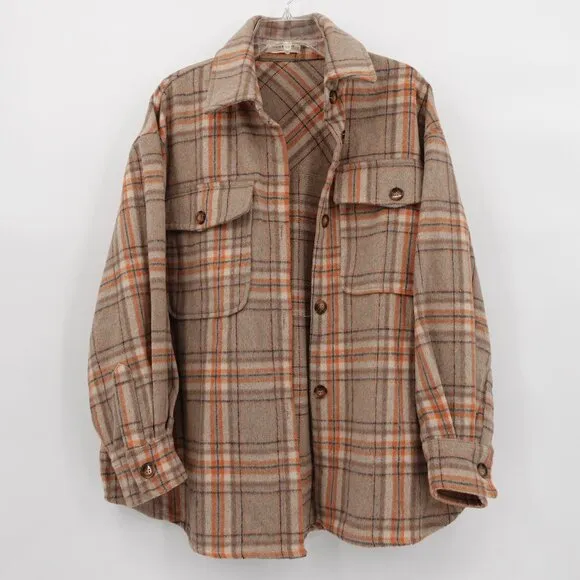 Oversized Plaid Flannel Shacket Tan Orange Wool‎ Blend Size Medium/Large