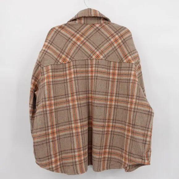 Oversized Plaid Flannel Shacket Tan Orange Wool‎ Blend Size Medium/Large