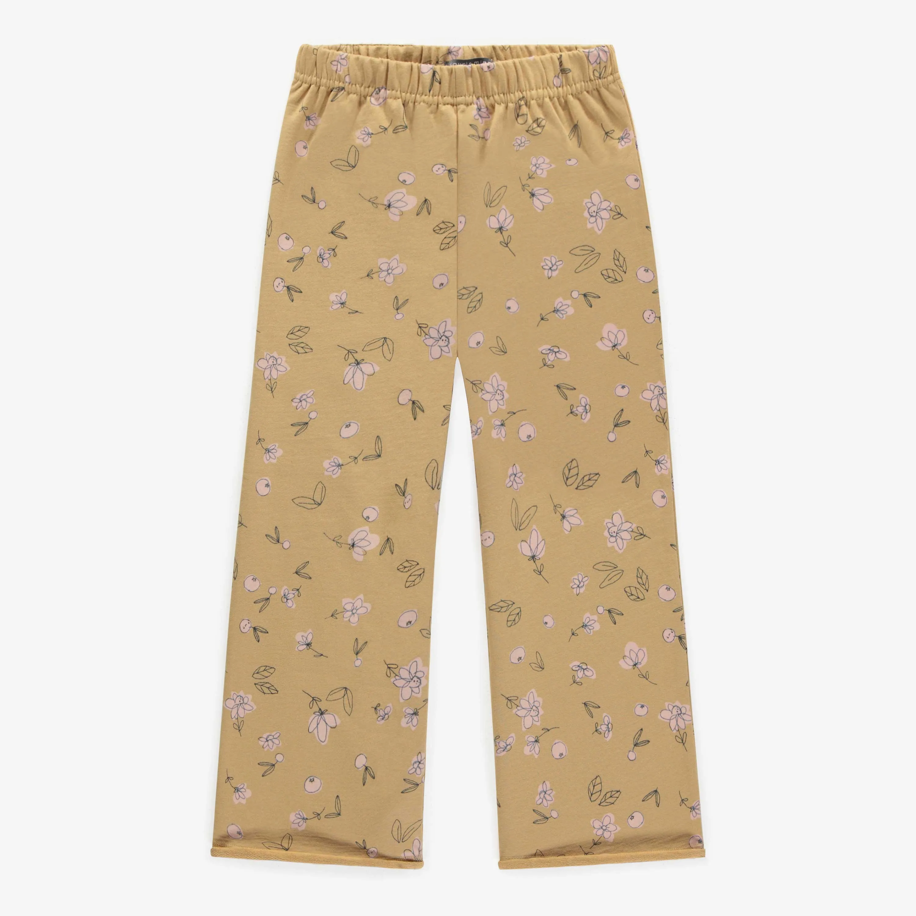 Pantalon brun avec fleurs roses et jambes en coton français, enfant || Brown pants with pink flowers and wide legs in french terry, child