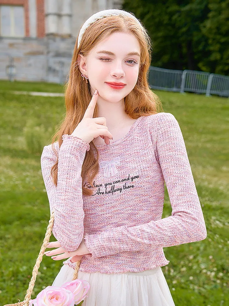 Pastel Tweed Bow Knit Top