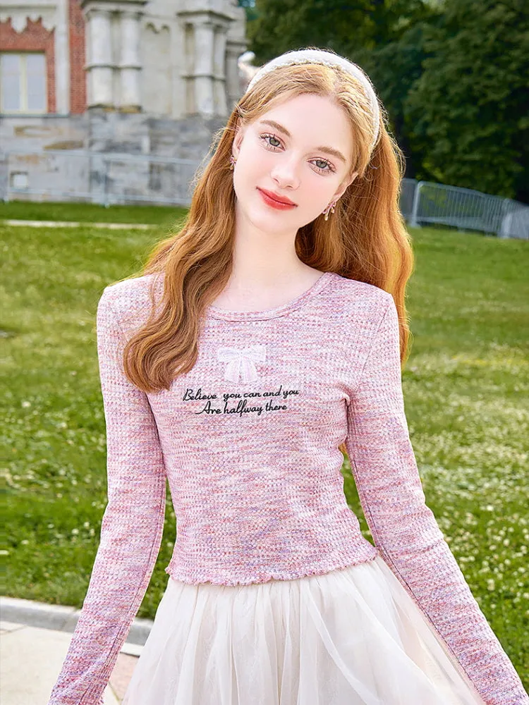 Pastel Tweed Bow Knit Top