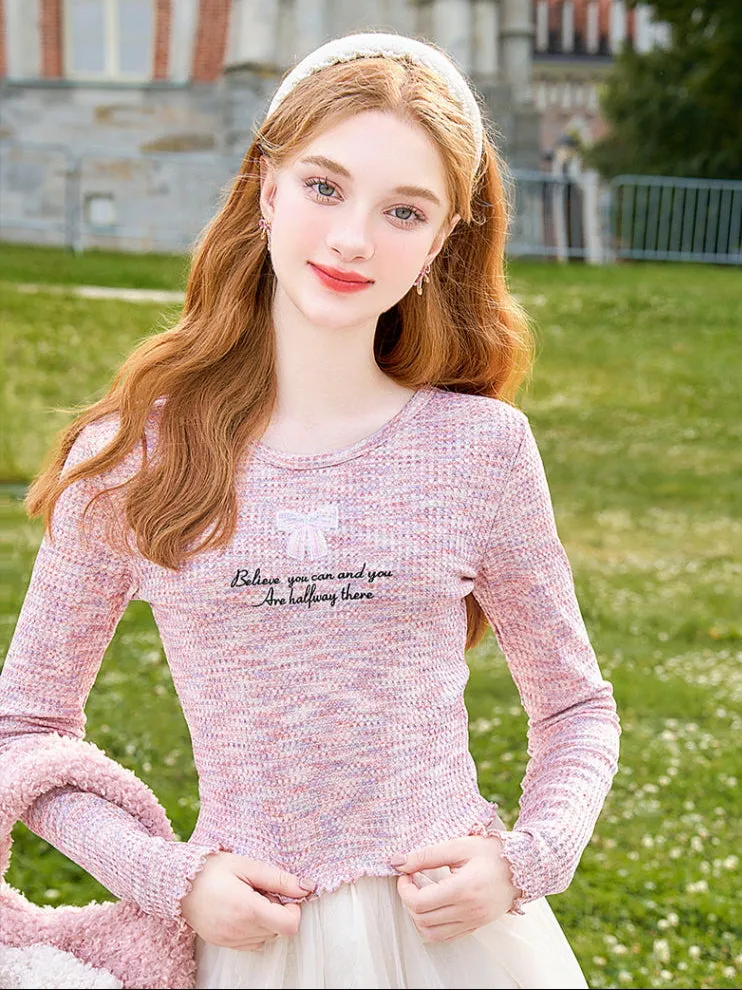 Pastel Tweed Bow Knit Top