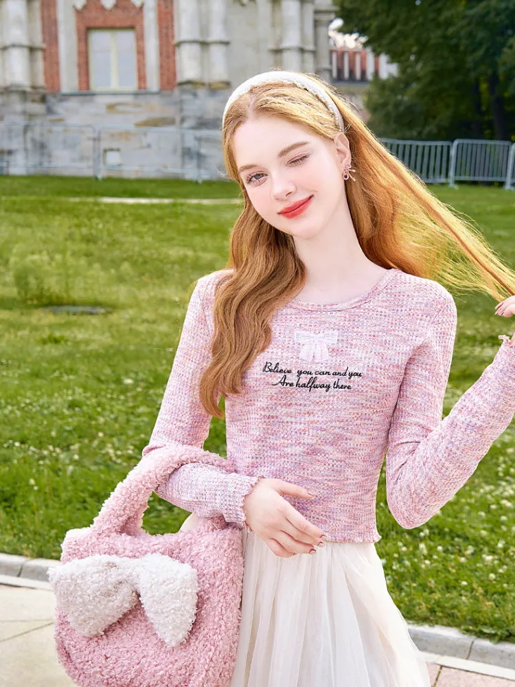 Pastel Tweed Bow Knit Top