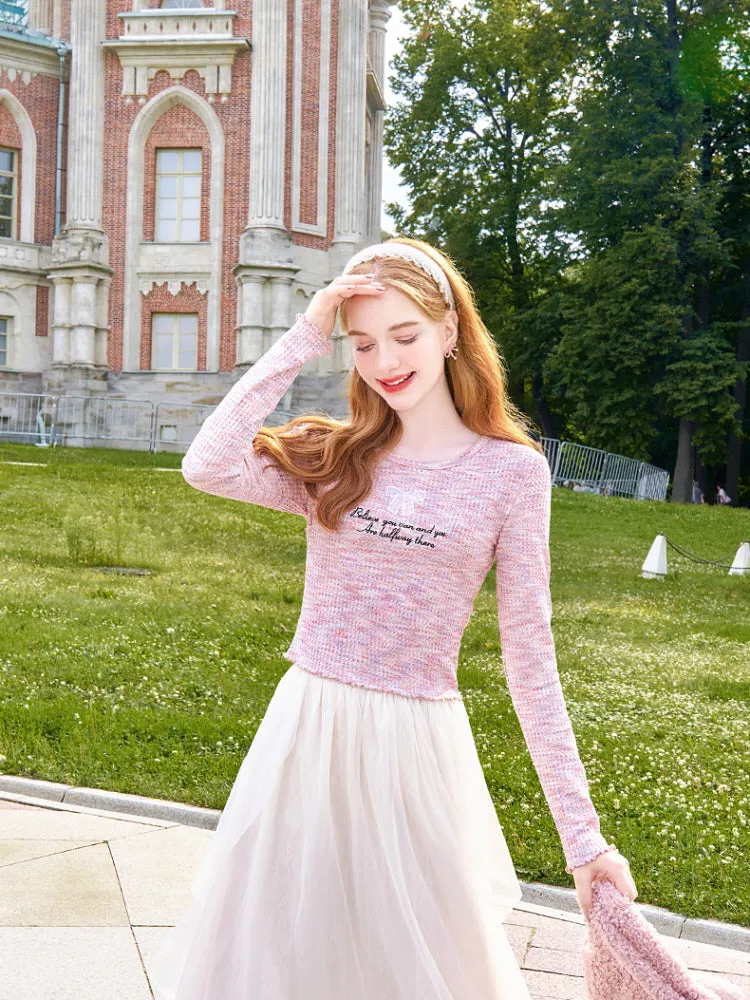Pastel Tweed Bow Knit Top
