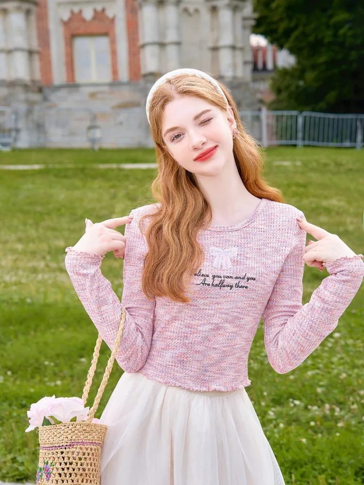 Pastel Tweed Bow Knit Top
