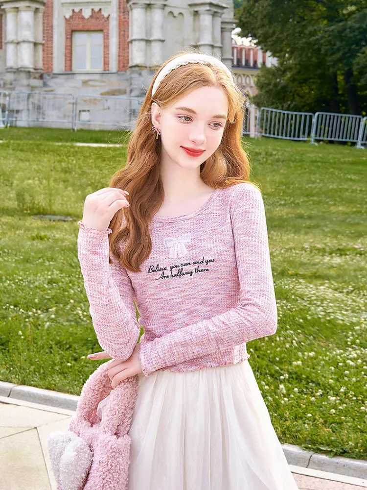 Pastel Tweed Bow Knit Top