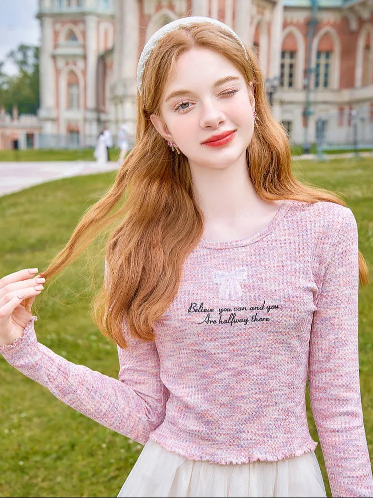 Pastel Tweed Bow Knit Top