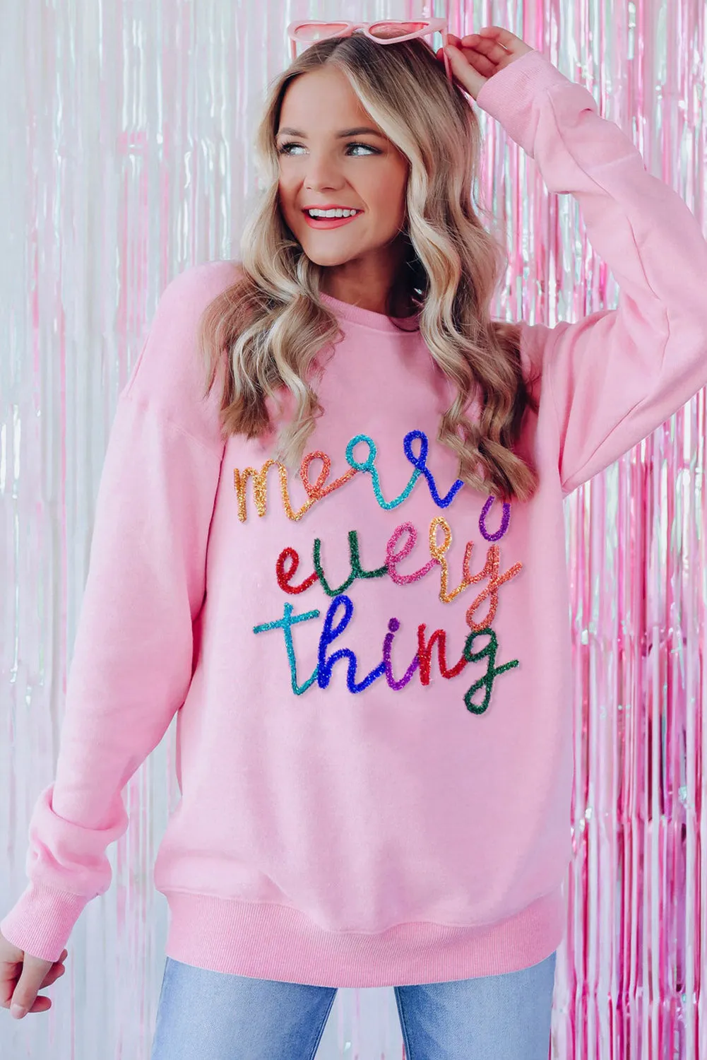 Peach Blossom Merry Every Thing Glitter Script Sweatshirt