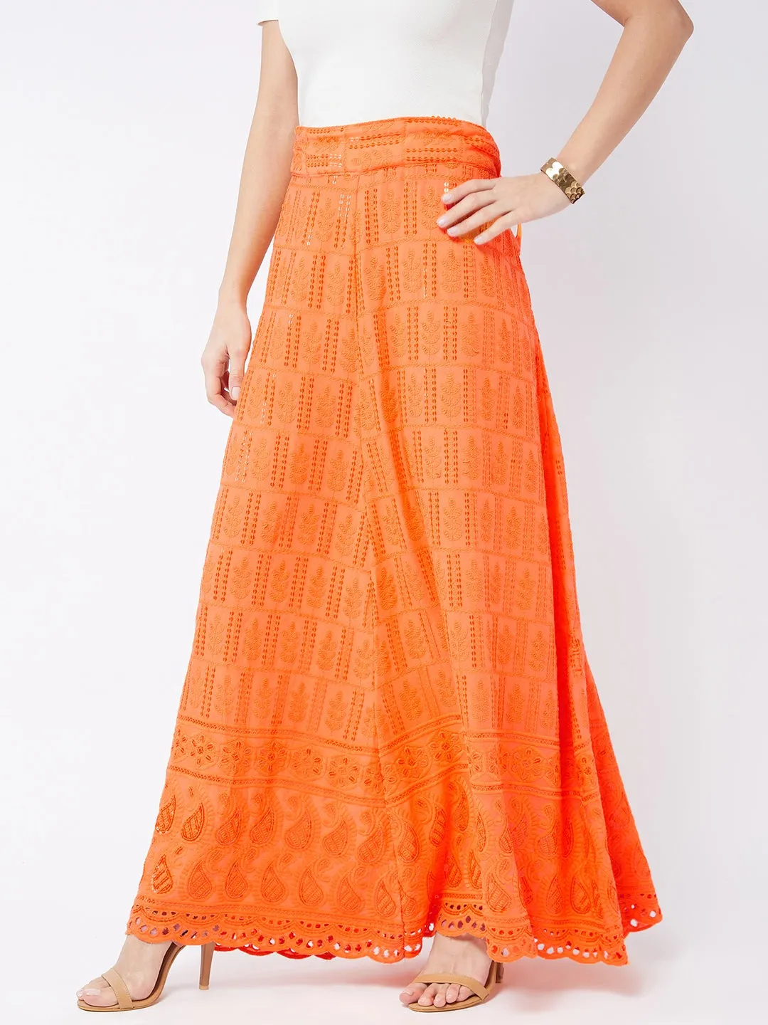 Peach Orange Chikankari Skirt