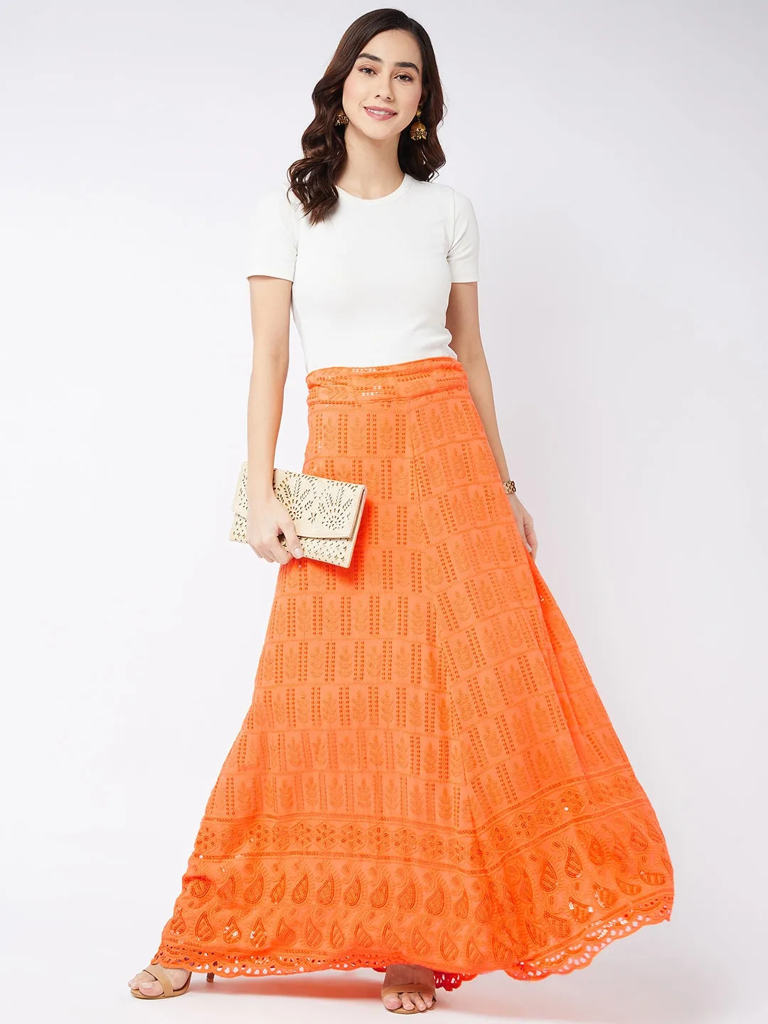 Peach Orange Chikankari Skirt