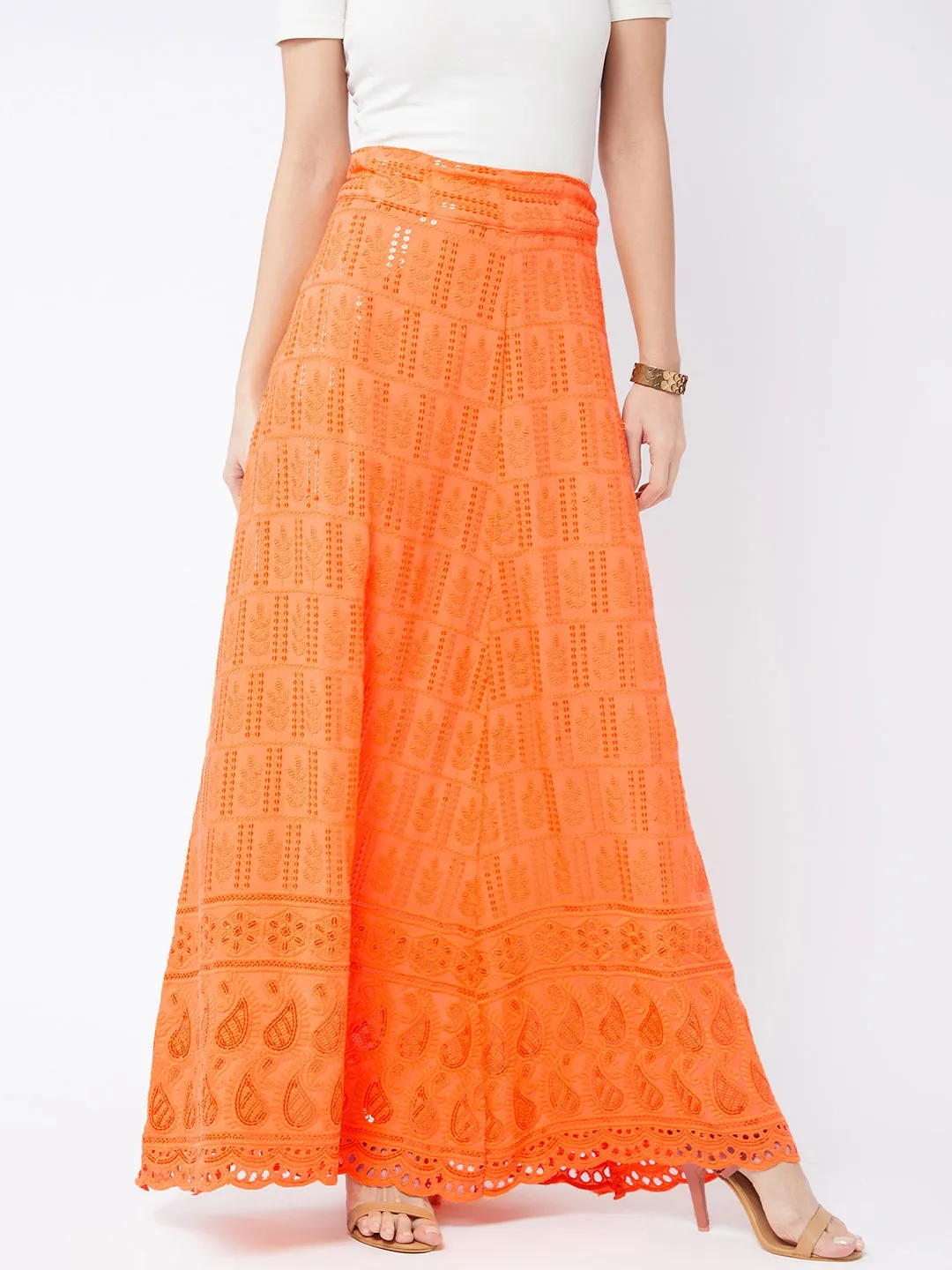 Peach Orange Chikankari Skirt