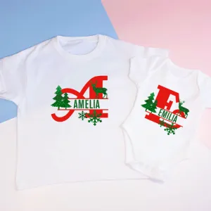 Personalised Monogram Initial Name Snowflakes Christmas Family T-shirts