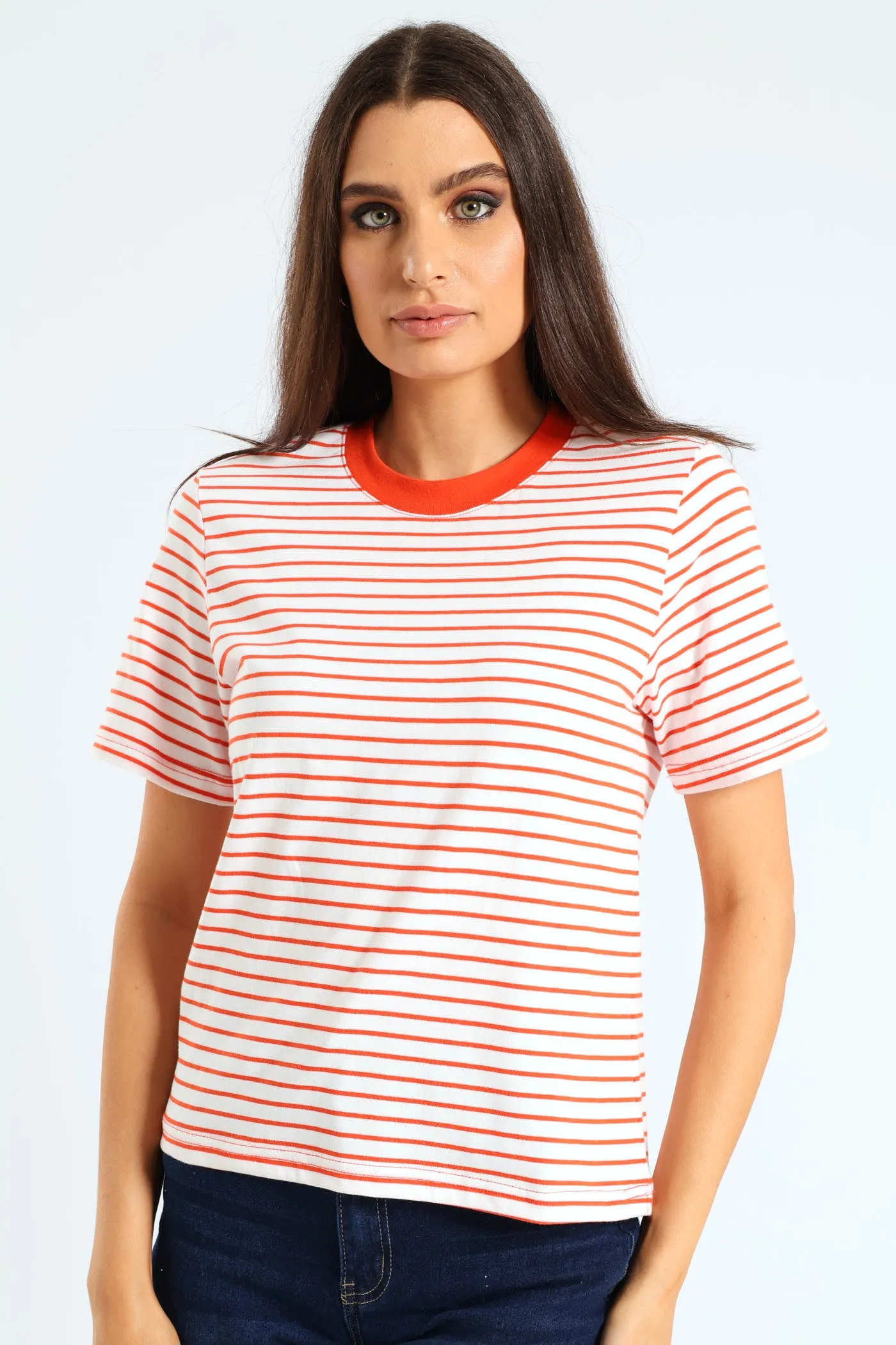 Plain Rib Neck Boxy Skinny-Stripe Tee - Tangerine