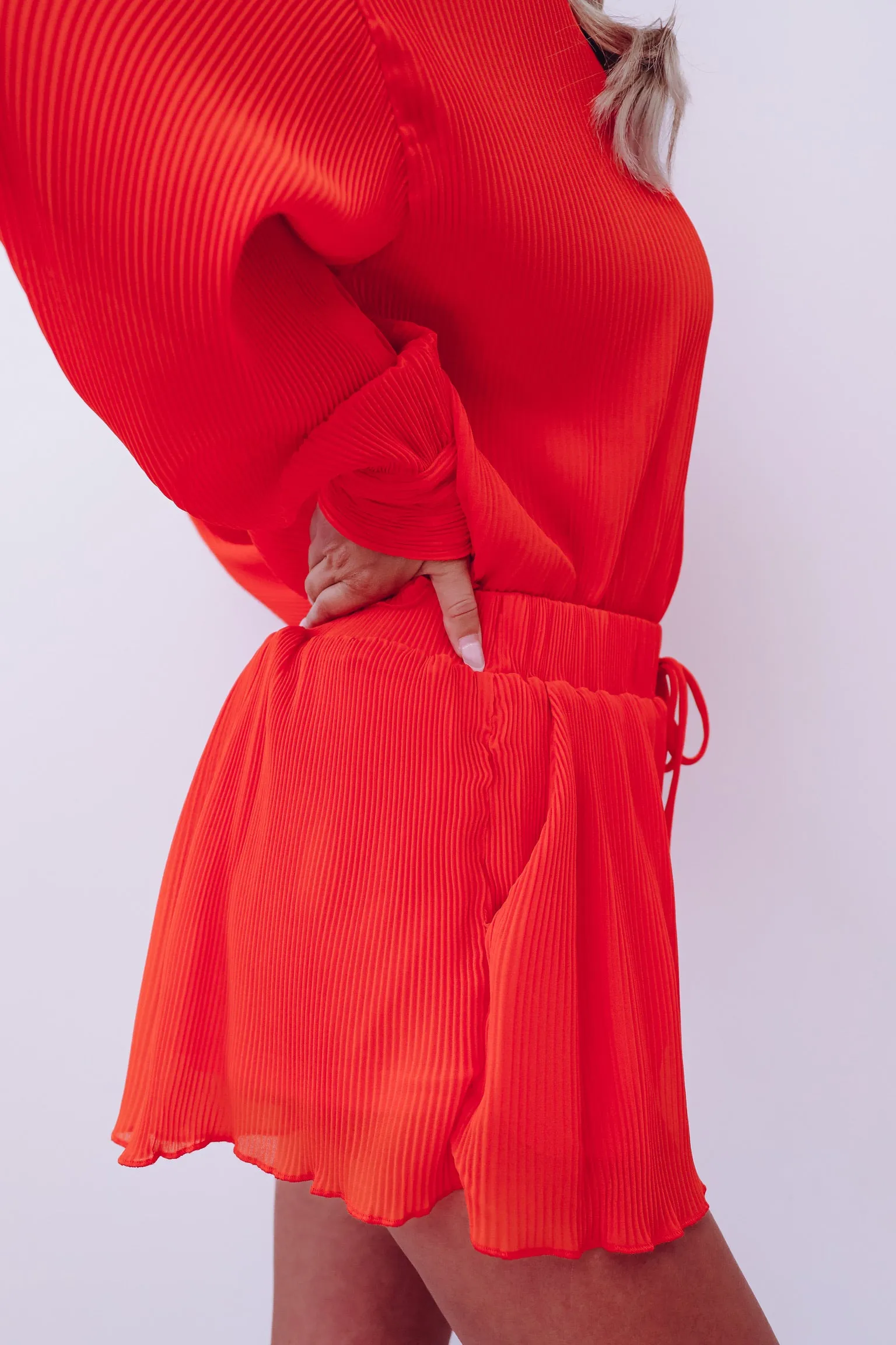 Poised Plisse Button Down Shirt And Shorts Set - Orange
