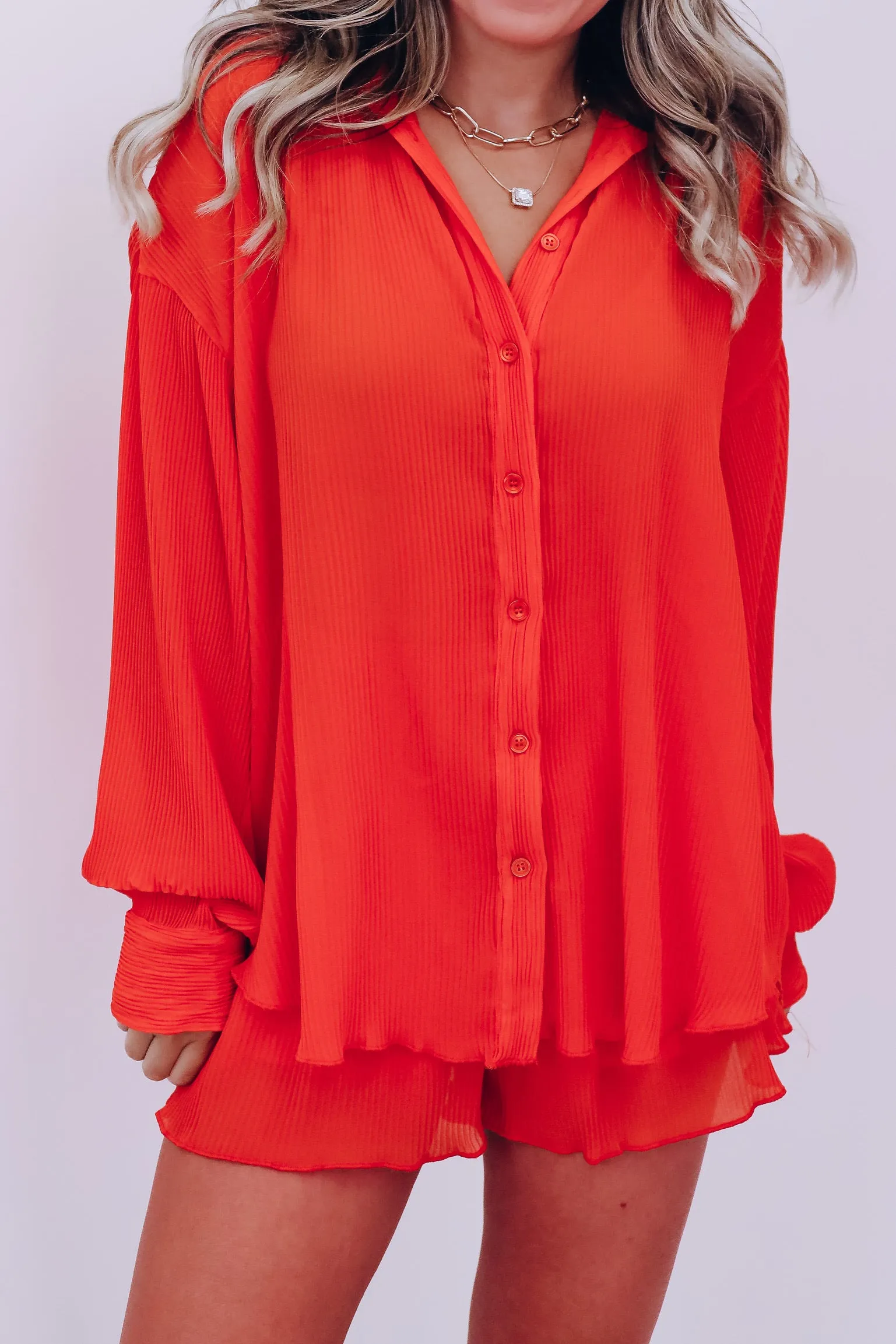 Poised Plisse Button Down Shirt And Shorts Set - Orange