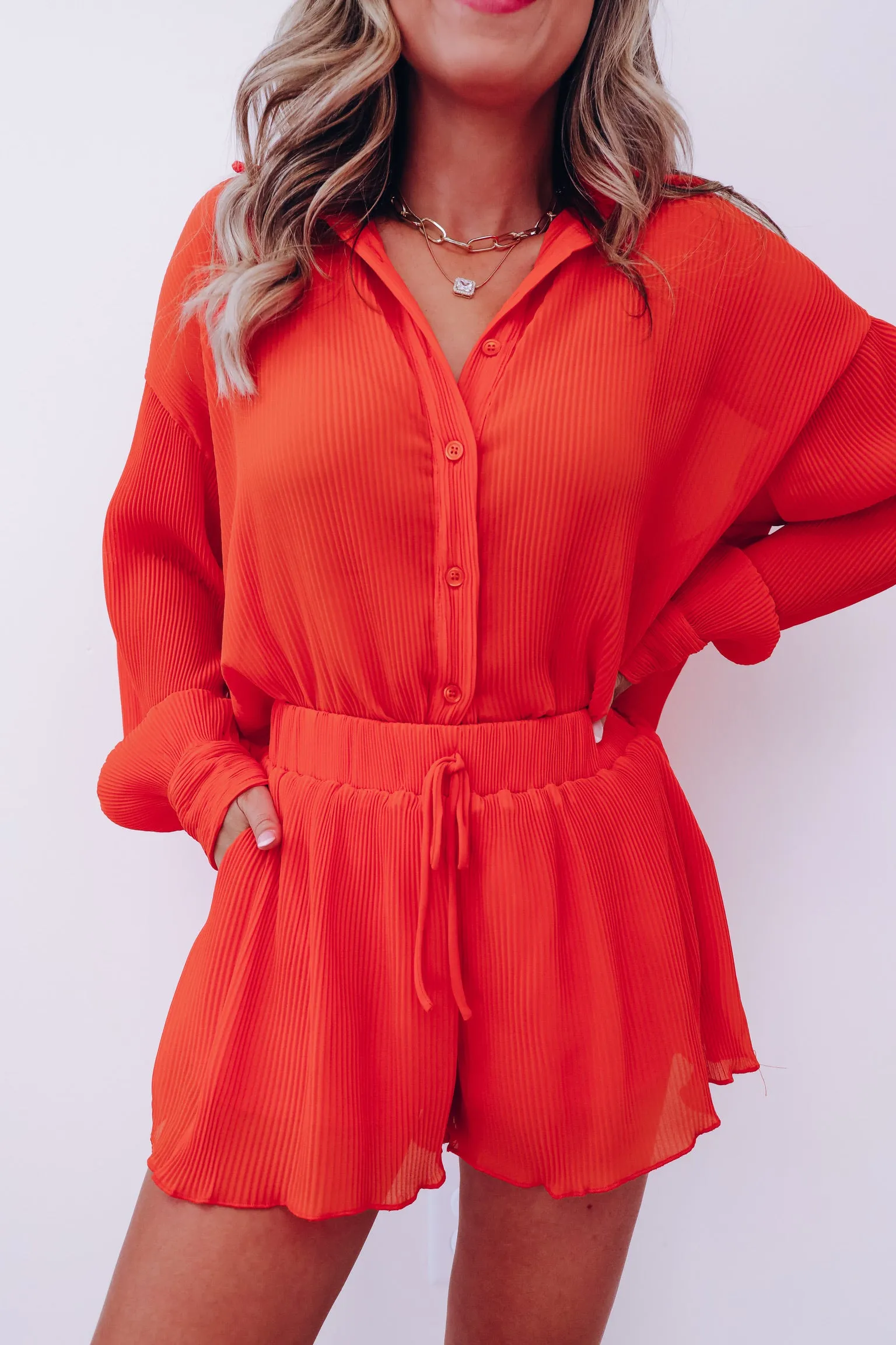 Poised Plisse Button Down Shirt And Shorts Set - Orange