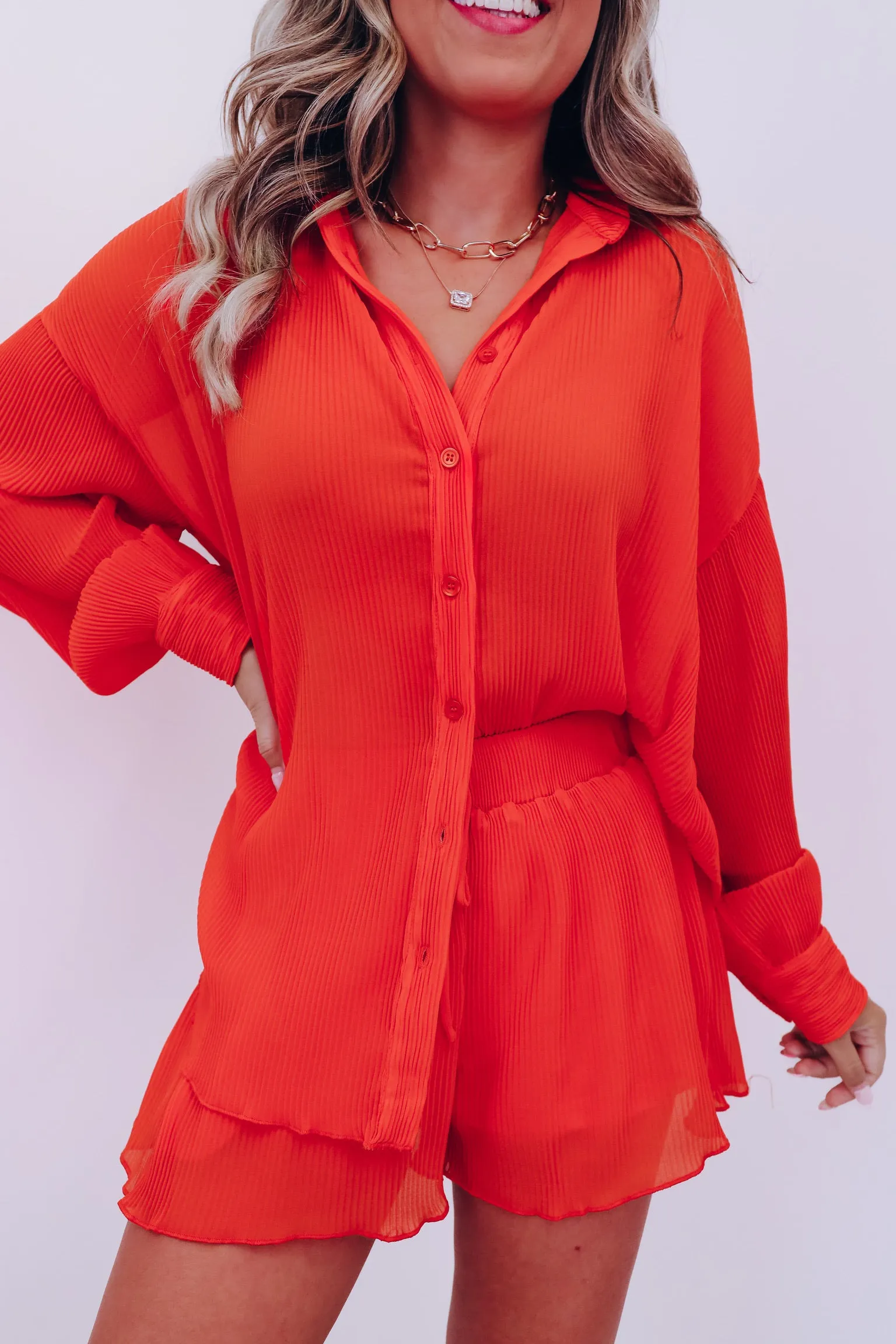 Poised Plisse Button Down Shirt And Shorts Set - Orange