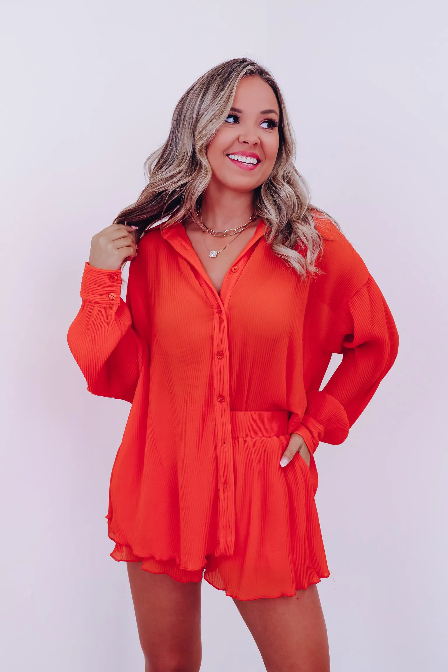 Poised Plisse Button Down Shirt And Shorts Set - Orange