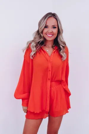 Poised Plisse Button Down Shirt And Shorts Set - Orange