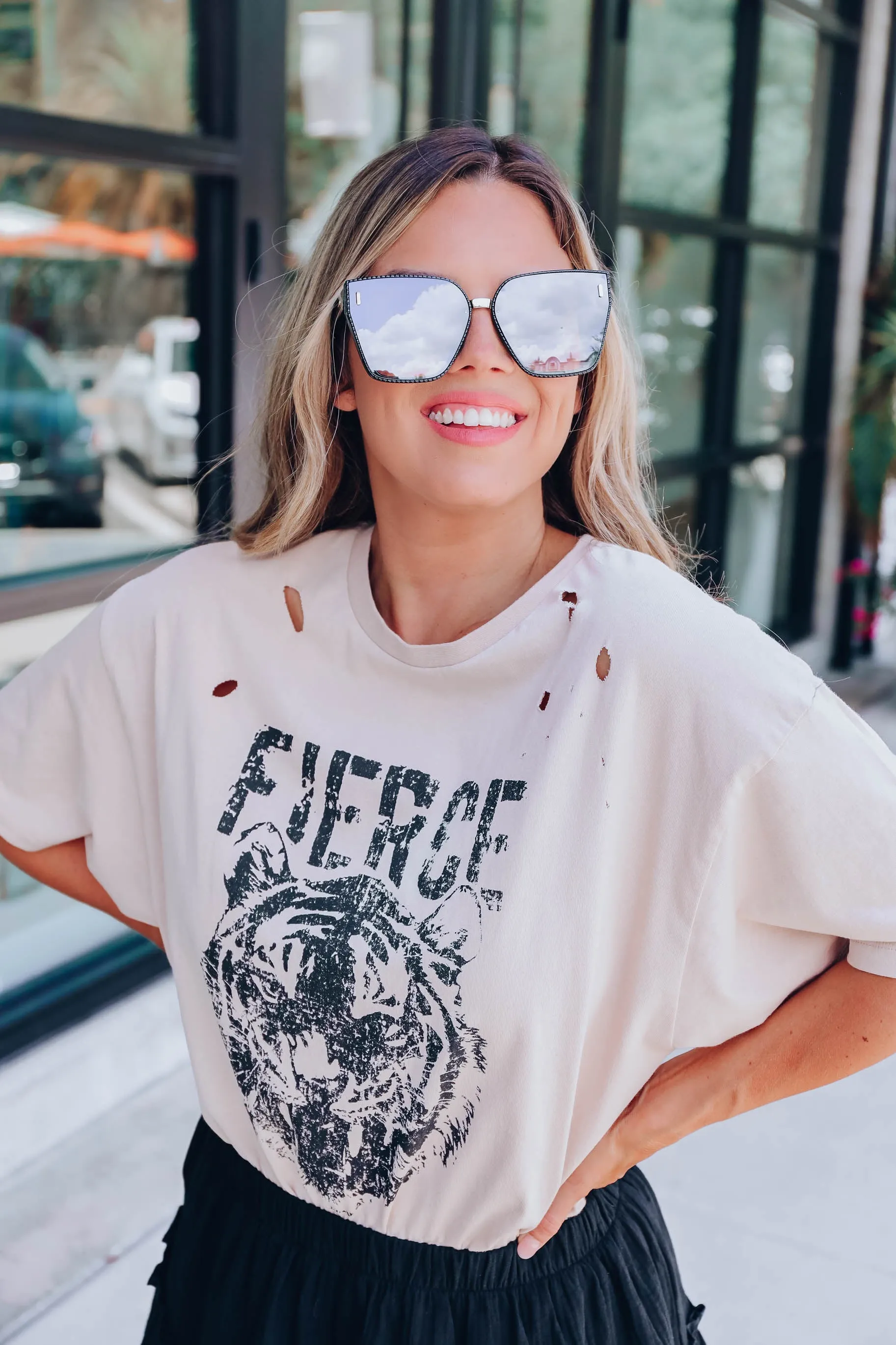 "Fierce" Distressed Graphic Tee - Taupe