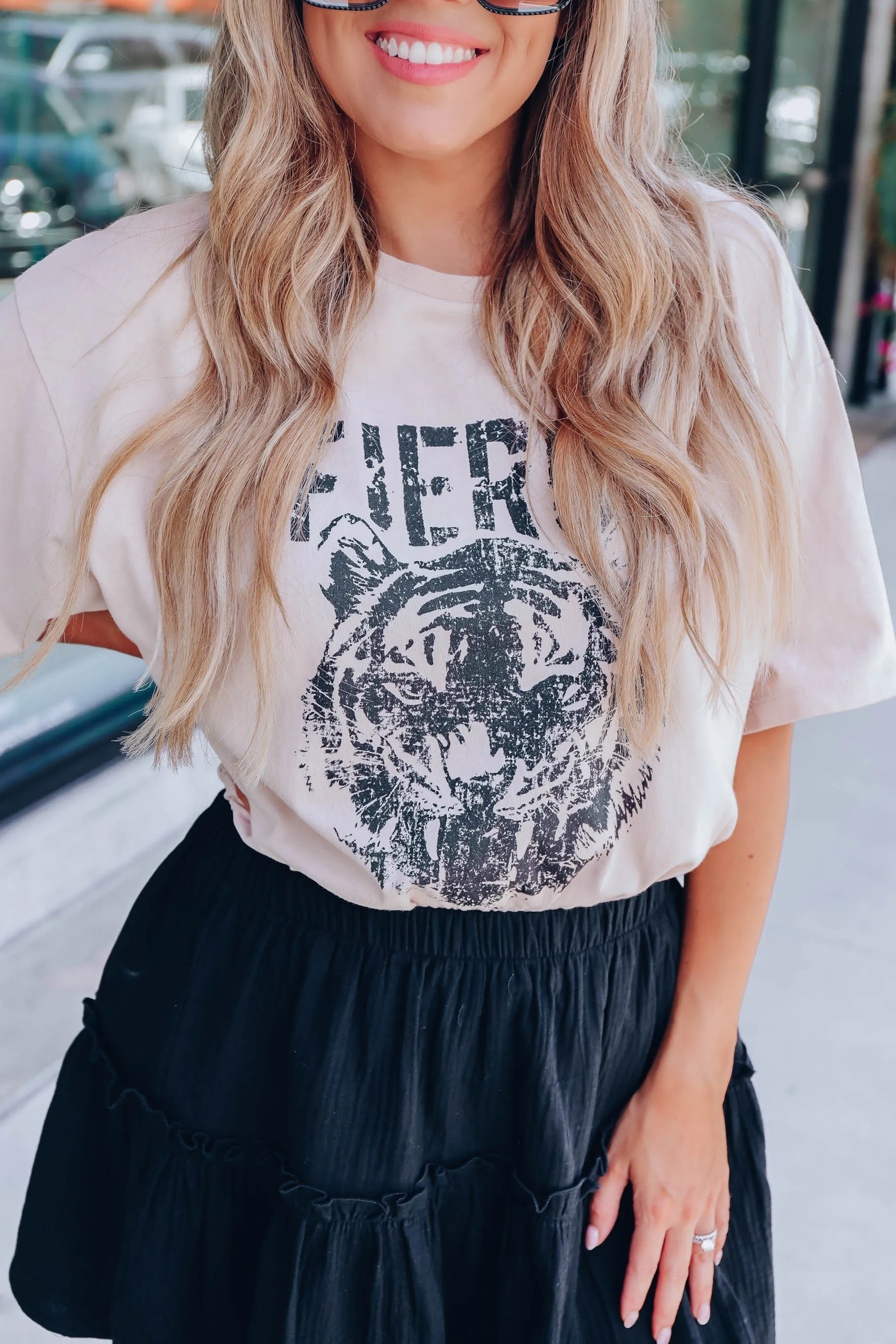 "Fierce" Distressed Graphic Tee - Taupe