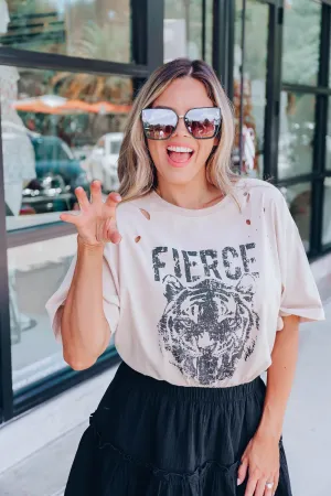 "Fierce" Distressed Graphic Tee - Taupe