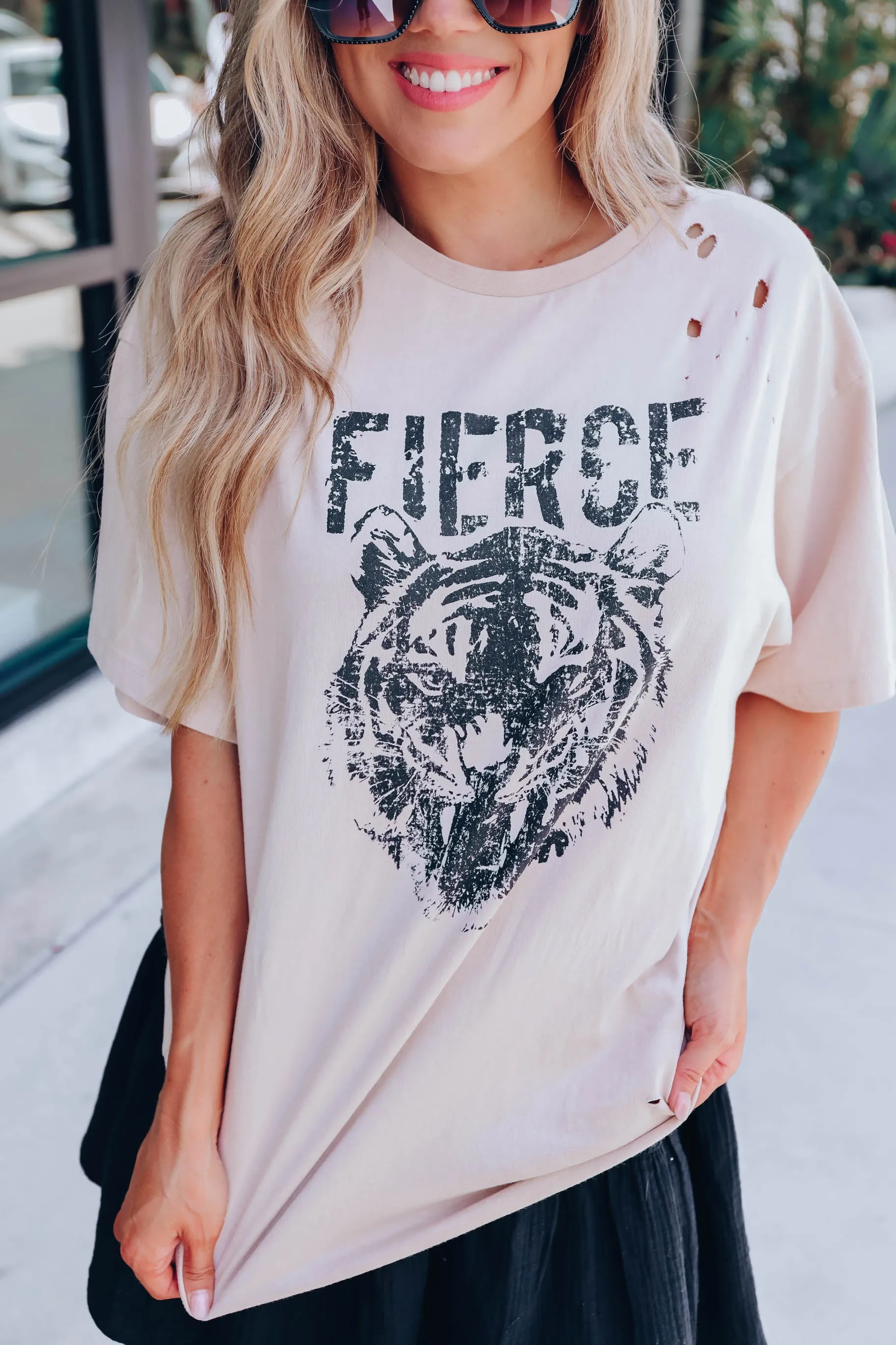 "Fierce" Distressed Graphic Tee - Taupe