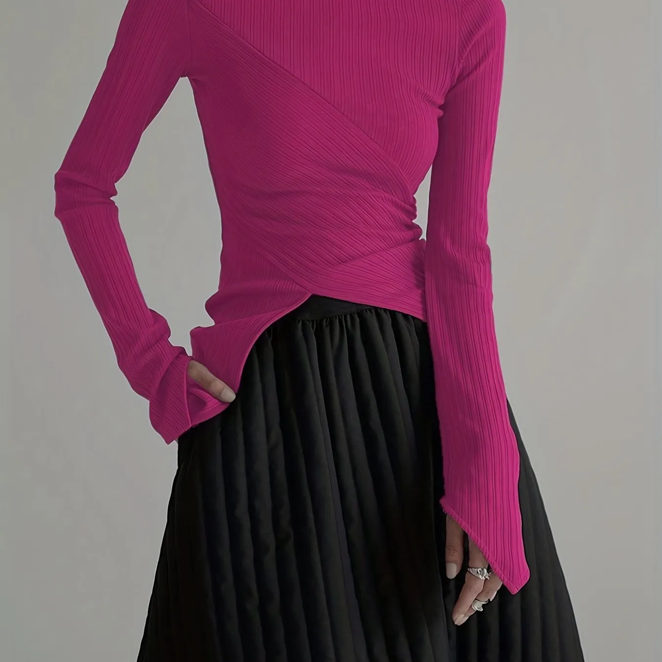 realaiot  Elegant Long Sleeve Basic  T-Shirts, Solid Casual  T-Shirts For Spring & Fall, Women's Clothing