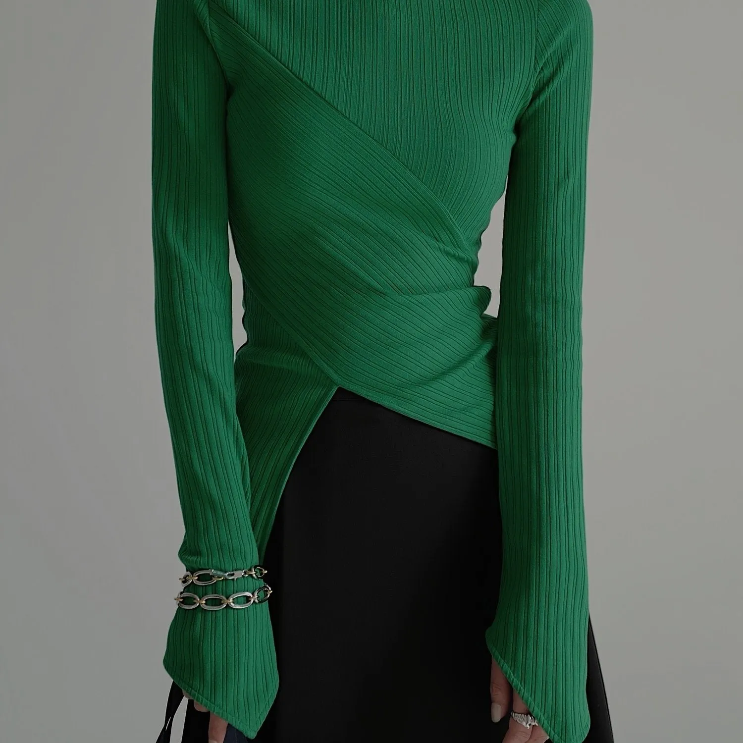 realaiot  Elegant Long Sleeve Basic  T-Shirts, Solid Casual  T-Shirts For Spring & Fall, Women's Clothing
