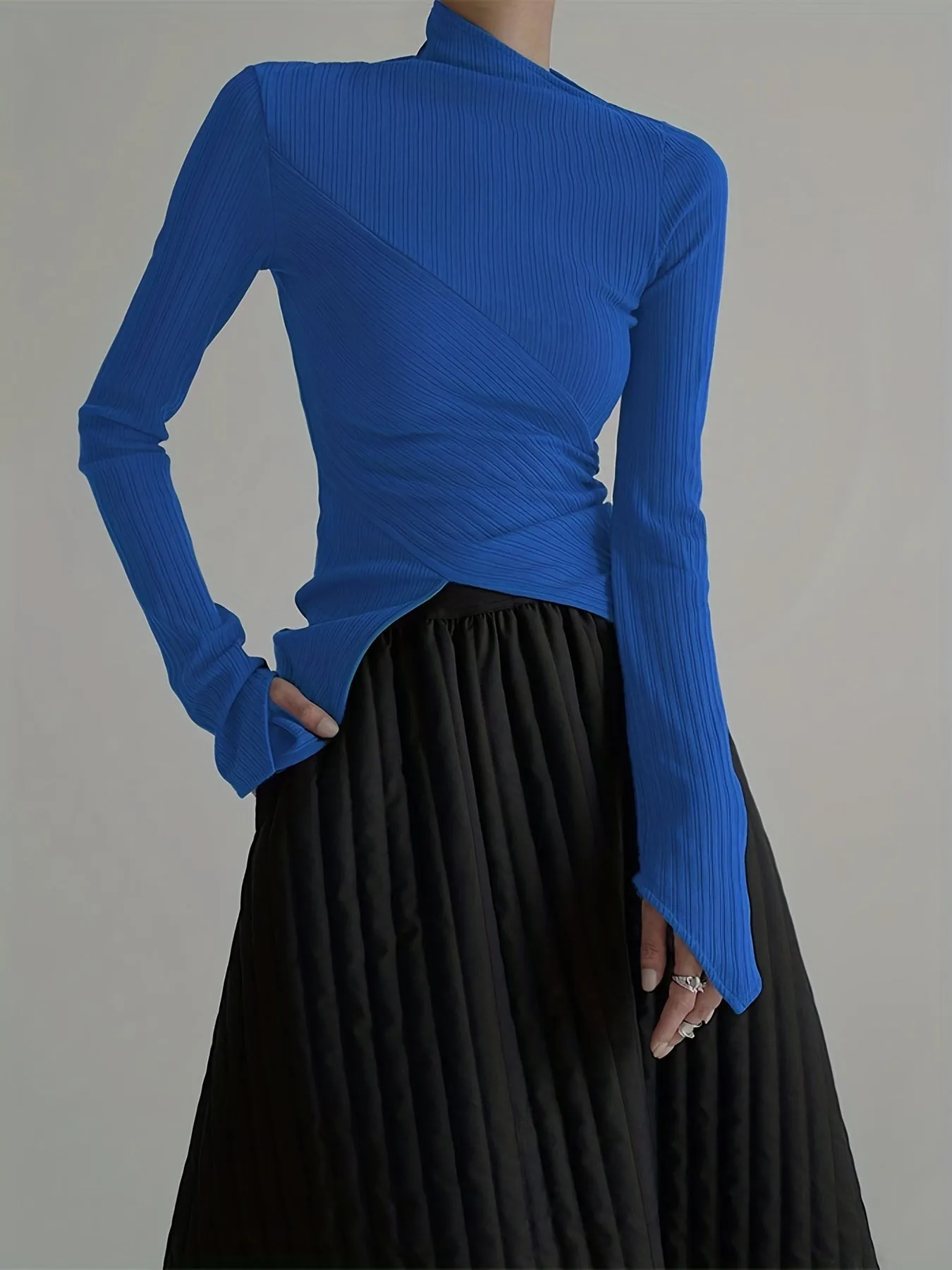 realaiot  Elegant Long Sleeve Basic  T-Shirts, Solid Casual  T-Shirts For Spring & Fall, Women's Clothing