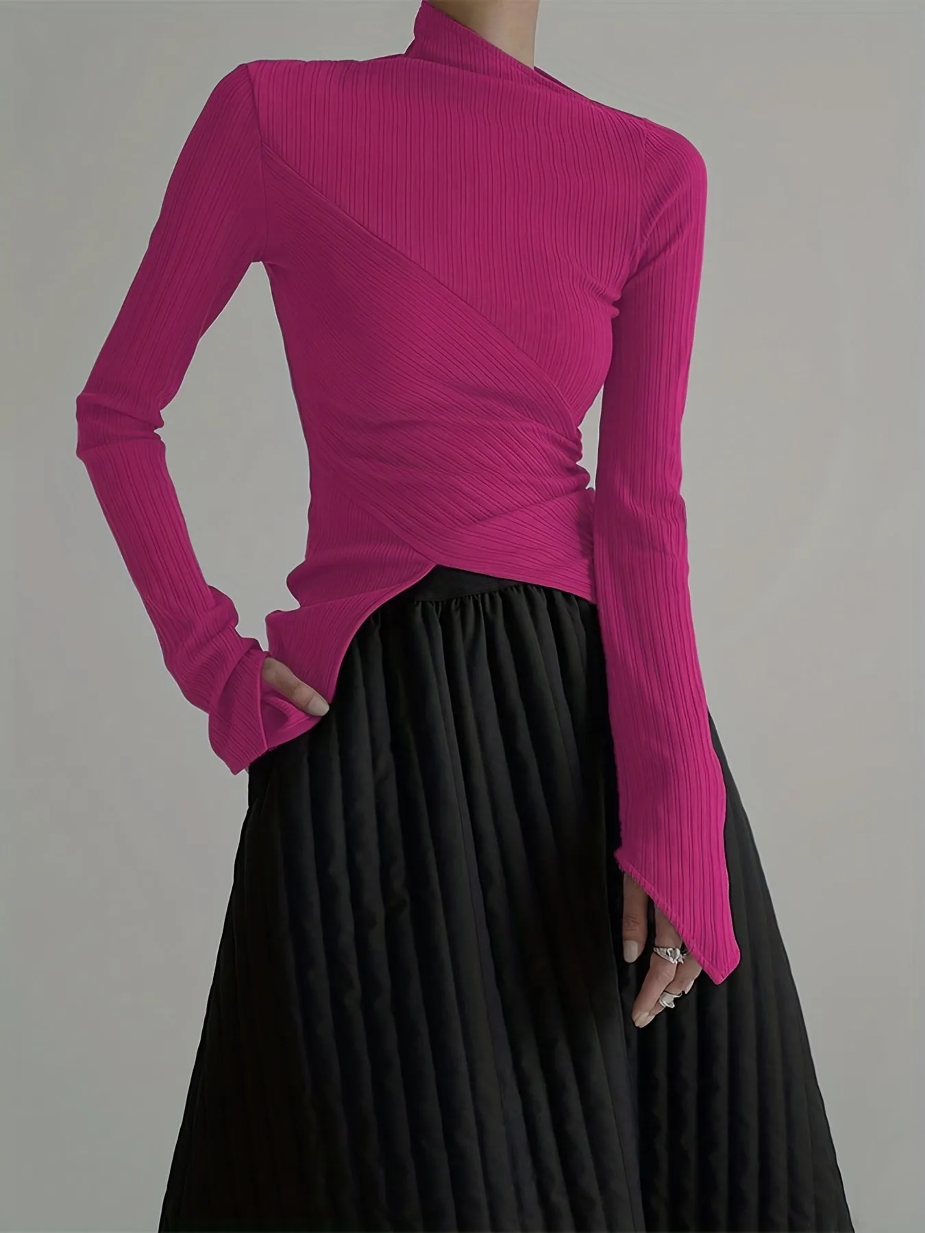 realaiot  Elegant Long Sleeve Basic  T-Shirts, Solid Casual  T-Shirts For Spring & Fall, Women's Clothing