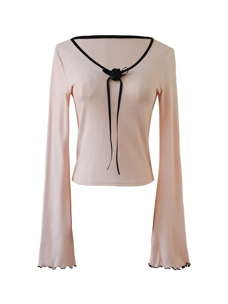 Rosette Trim Ribbon Knit Top
