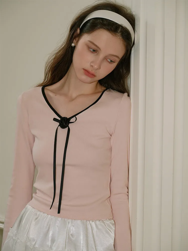 Rosette Trim Ribbon Knit Top