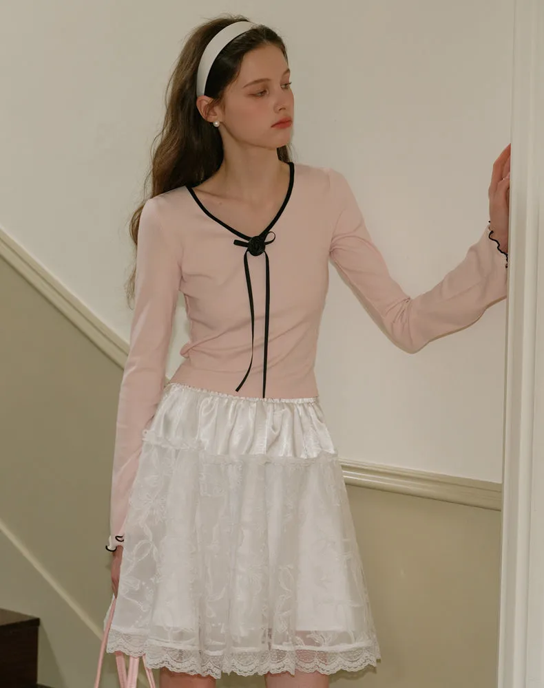 Rosette Trim Ribbon Knit Top