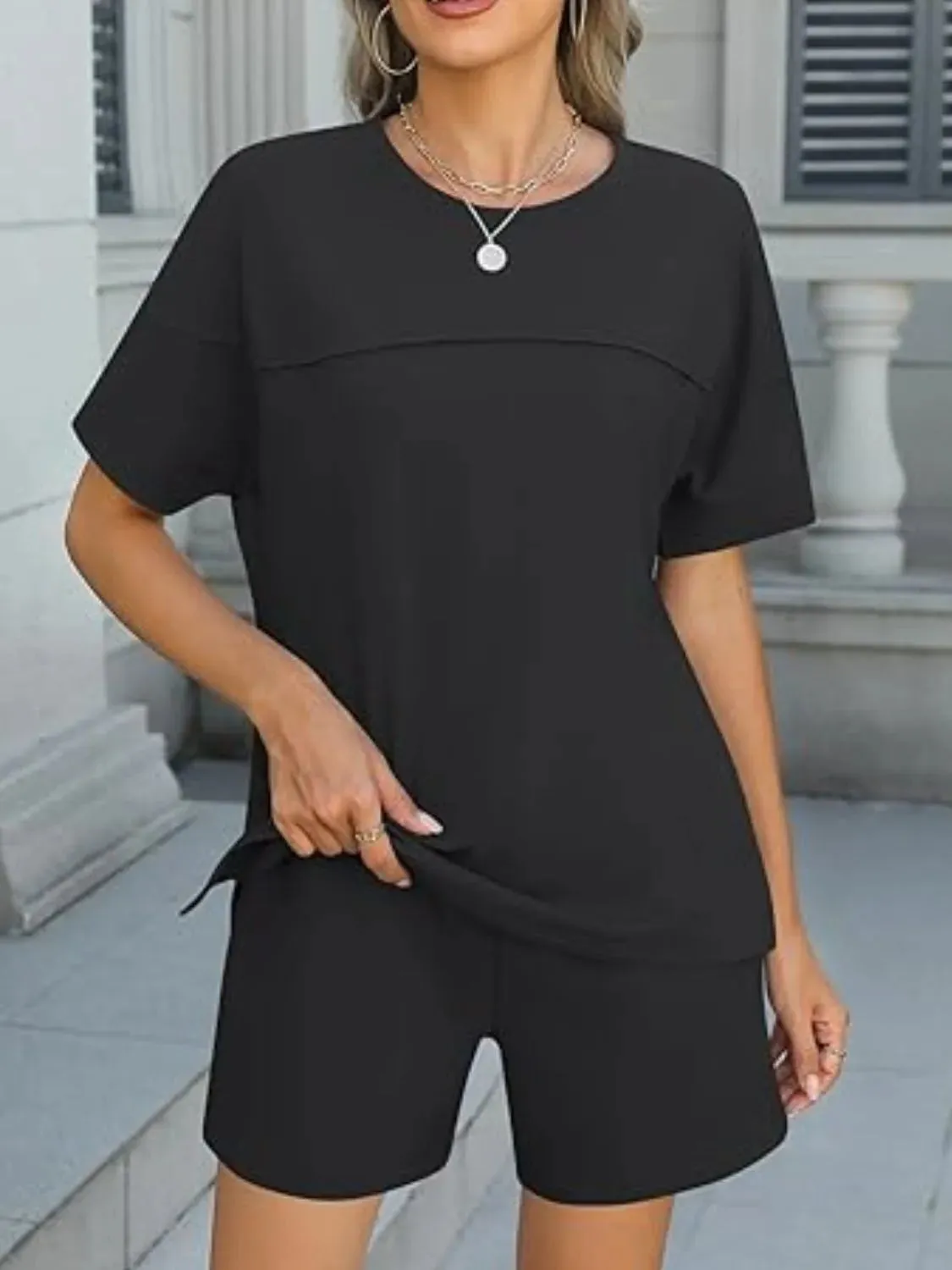 Round Neck Short Sleeve Top and Shorts Set