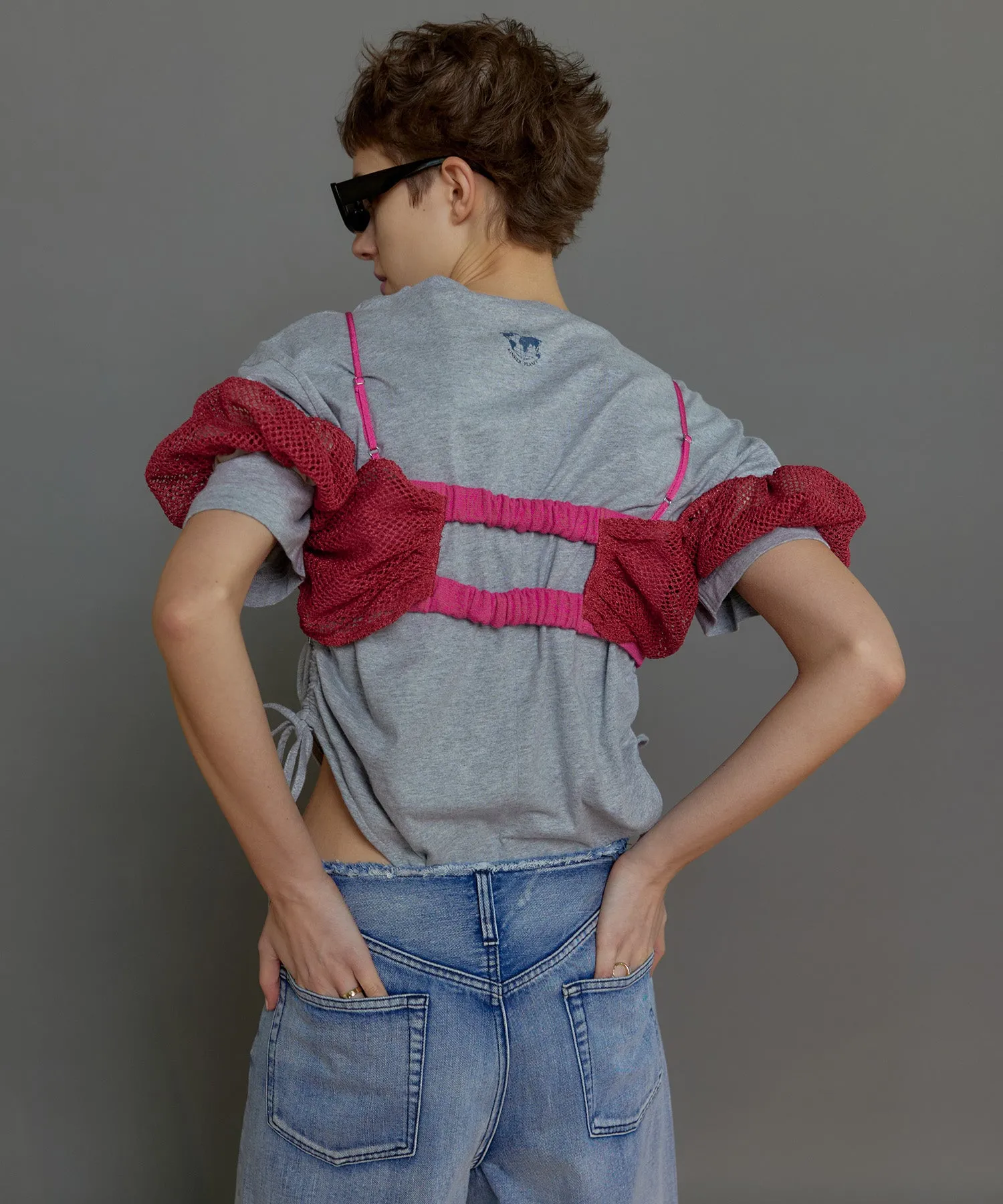 【SALE】2way Slab Mesh Layered Bustier Tops