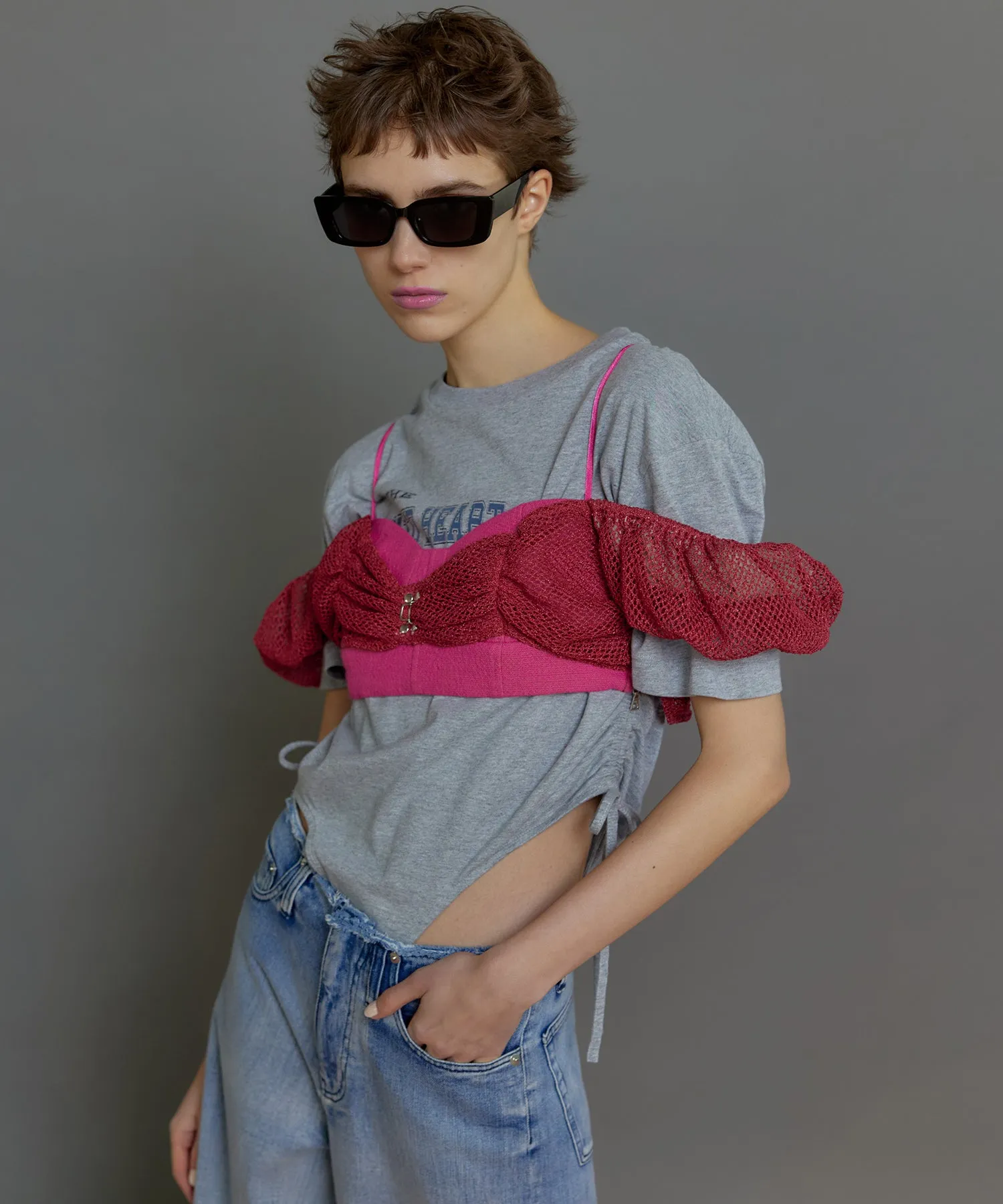 【SALE】2way Slab Mesh Layered Bustier Tops