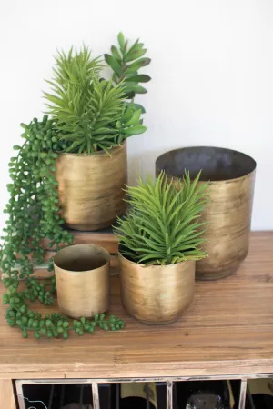 Set of 4 Metal Flower Pots \ Aged Brass Finish