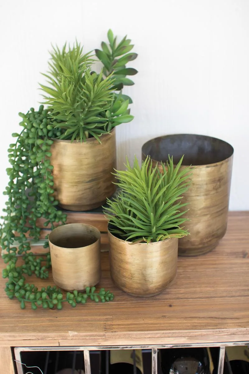 Set of 4 Metal Flower Pots \ Aged Brass Finish