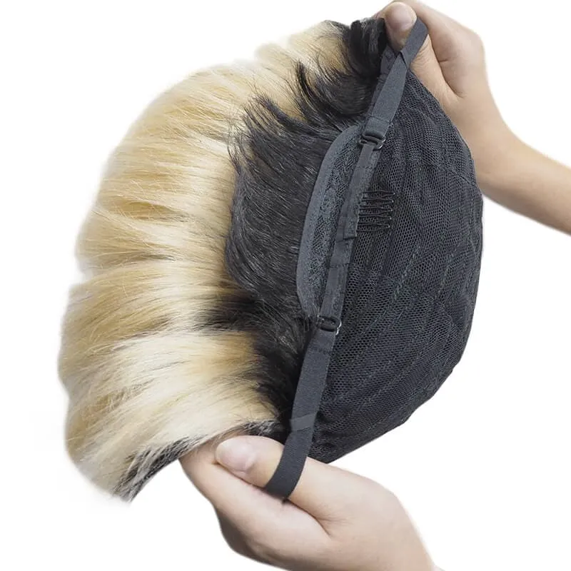 Short Pixie Cut Human Hair Wigs With Layered Side Bangs Glueless Natural Black Ombre Bleach Blonde