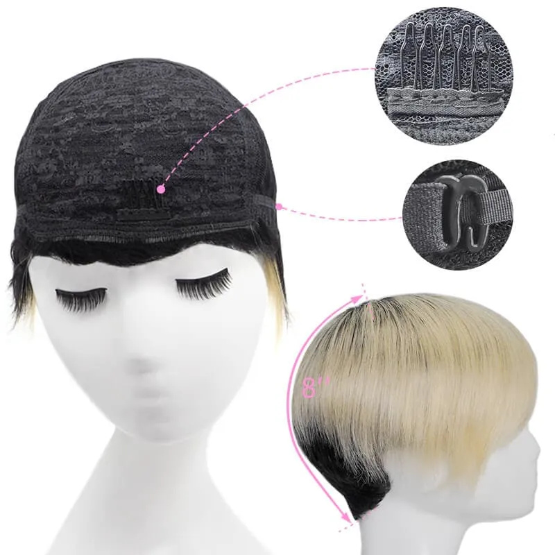 Short Pixie Cut Human Hair Wigs With Layered Side Bangs Glueless Natural Black Ombre Bleach Blonde