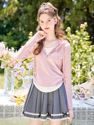 Soft Blush Ribbon Hooded Zip-Up Top