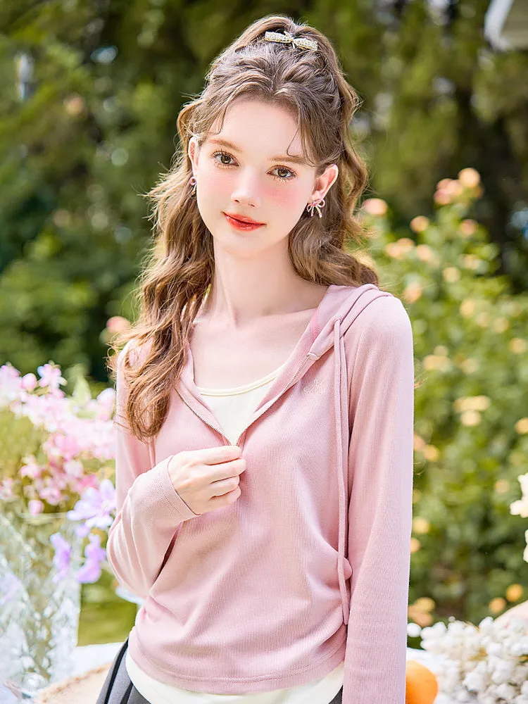 Soft Blush Ribbon Hooded Zip-Up Top