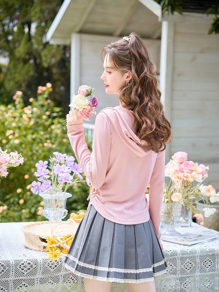 Soft Blush Ribbon Hooded Zip-Up Top