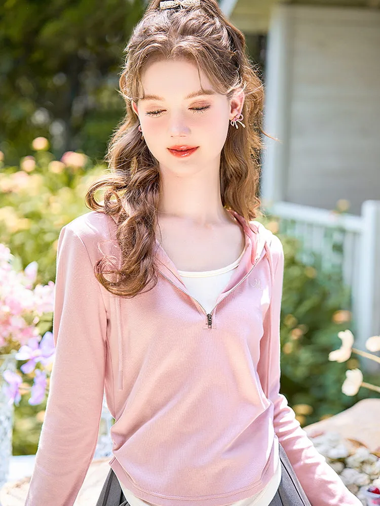 Soft Blush Ribbon Hooded Zip-Up Top