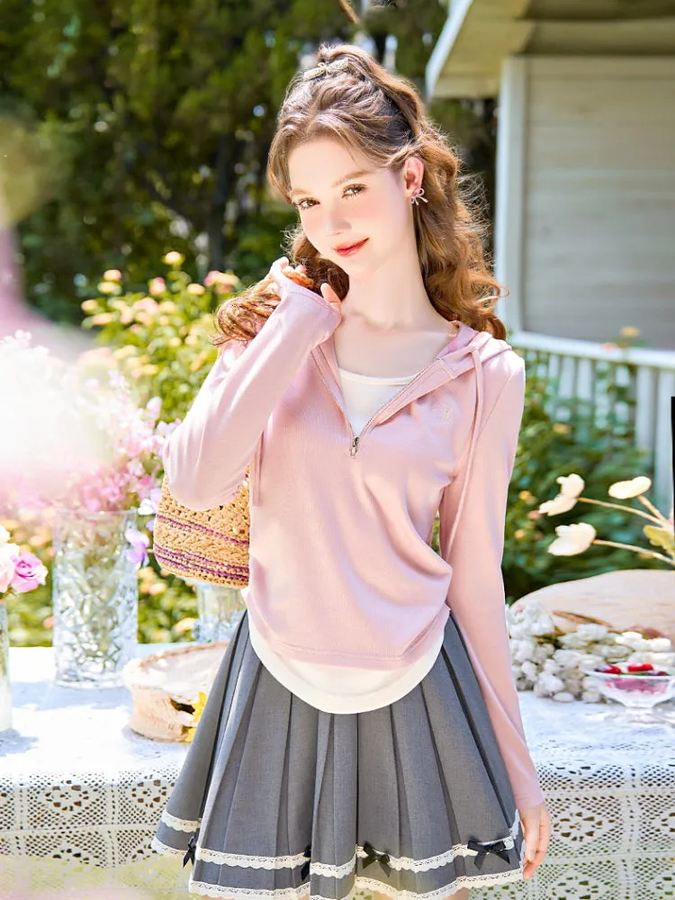 Soft Blush Ribbon Hooded Zip-Up Top